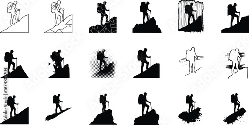 Hiker, backpack, walking stick, mountain, trekking, adventure, silhouette, line art, halftone, geometric, abstract, outdoor, travel, exploration, hiking,