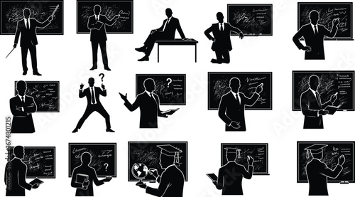 Black and white silhouette business people teaching mathematics physics science on chalkboard, academic education concept, equations graphs formulas learning illustration
