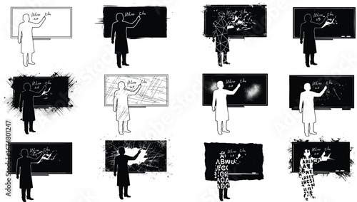 Black and white illustration, teacher silhouette, chalkboard art, handwritten text, when she knew, conceptual design, abstract background, educational theme