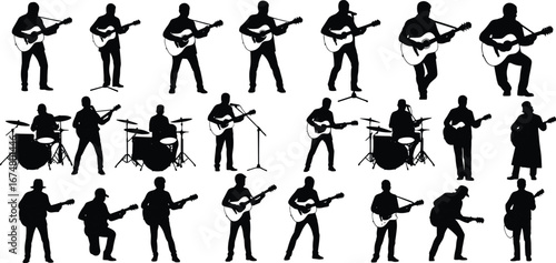 Silhouette, musician, playing, guitar, drums, band, performance, concert, stage, rock, jazz, blues, music, festival, entertainment, artistic, pose, instrument, sound, rhythm