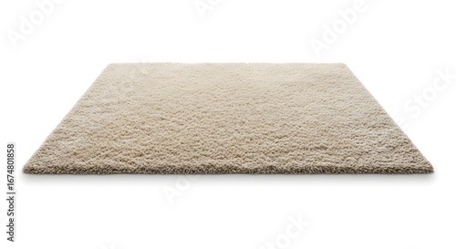 A plush, beige shag rug is presented from a low-angle perspective against a clean white background.