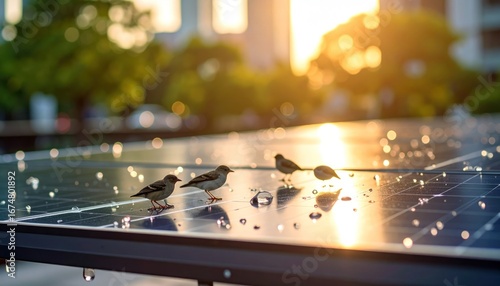 Sparrows on Solar Panels with Green Energy, City Background, and Sunrise.