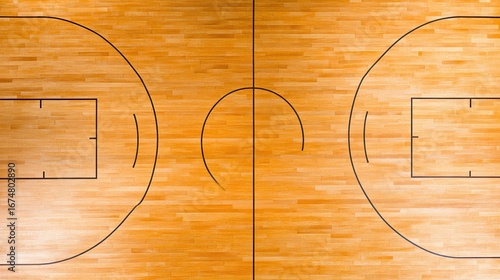 Empty basketball court hardwood floor overhead view