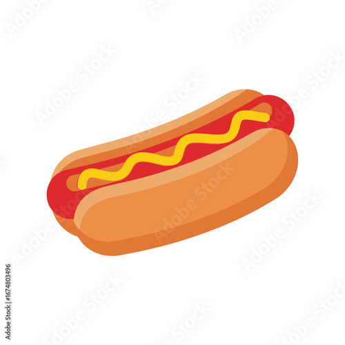 A classic hot dog in a bun with a zigzag of yellow mustard, depicted in a simple, flat vector style.
