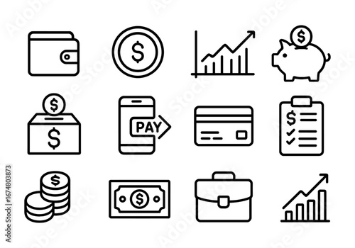 Finance black icons wallet, coins, chart, card, mobile payment, piggy bank, briefcase, investment