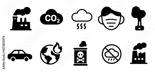 Air pollution black icons factory, CO2, smog, mask, toxic waste, global warming, car.