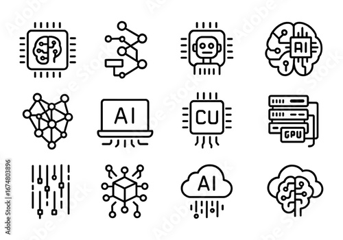 Artificial intelligence black icons processors, chips, neural networks, AI, GPU, CU, cloud computing