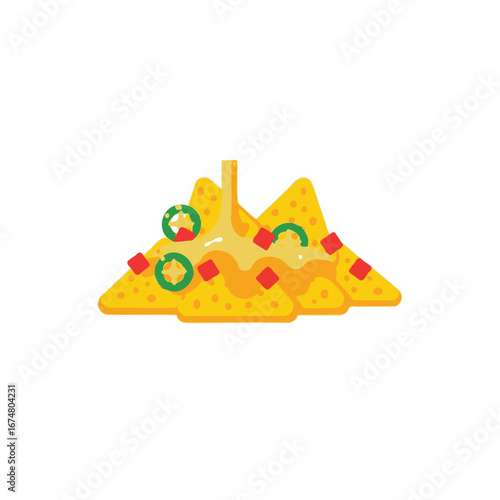 Image of a pile of nachos with cheese sauce, jalapenos, and toppings.