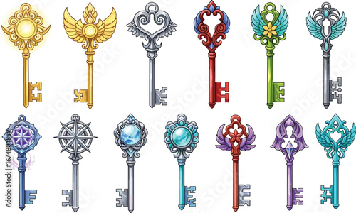 Fantasy magical vintage keys collection with ornate designs, steampunk and celestial style, colorful enchanted keys for game, illustration, or design