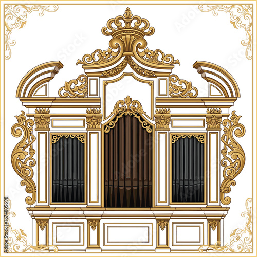 Elegant Baroque Pipe Organ Illustration with Gold Ornate Detailing, Vintage Religious Instrument Design, Classic Church Decor, Music Architecture Art