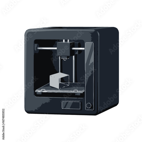 A detailed illustration of a 3D printer in operation, creating a plastic object within its enclosed structure.