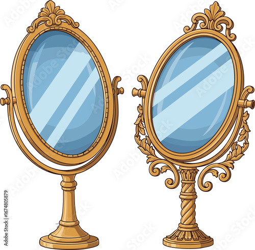 Antique vanity mirrors, vintage gold table mirrors, elegant decorative makeup mirrors, ornate baroque-style mirrors, classic oval mirror design