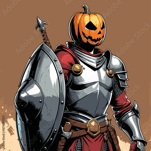 vector of soldier wearing armor and carrying pumpkin-headed shield halloween