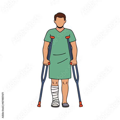 Injured Patient Standing with Crutches Wearing Hospital Gown and Plaster Cast 