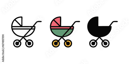 Baby stroller illustration created in bold black line art colorful pastel tones and solid silhouette version