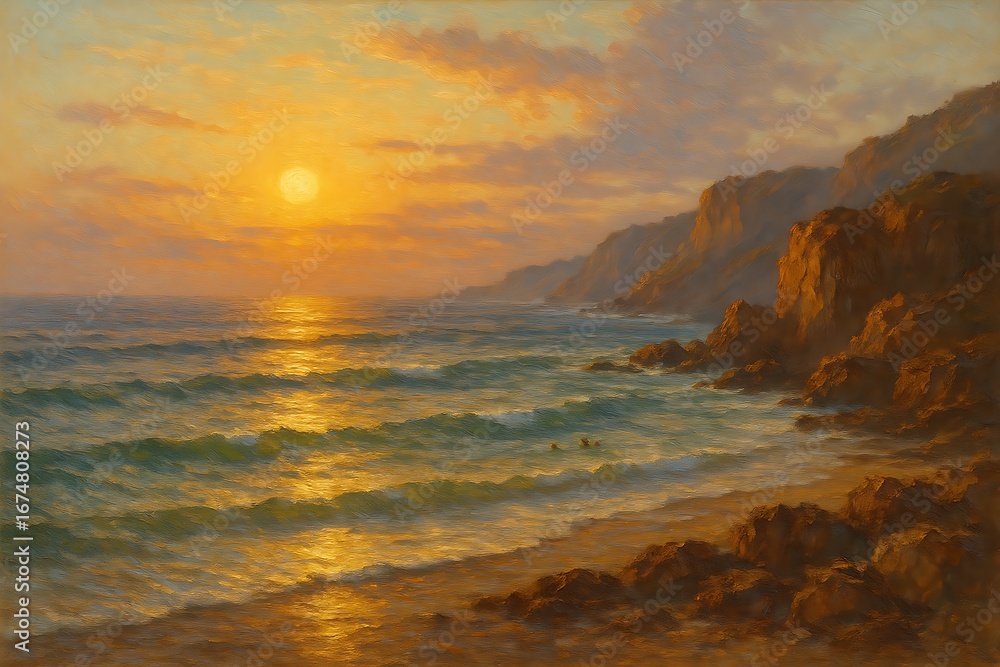 Obraz premium Oil painting of coastline at sunset with golden light reflecting on ocean waves and jagged rocky cliffs