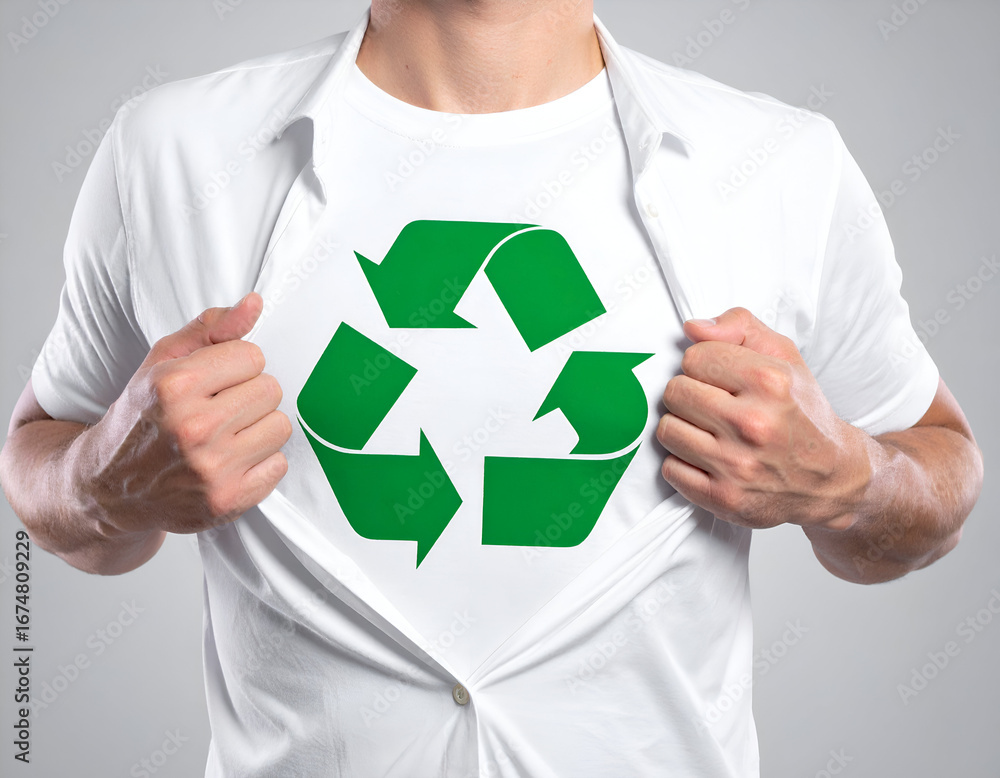 custom made wallpaper toronto digitalMan pulling open his shirt to reveal a green recycling symbol on his white t-shirt, symbolizing environmental responsibility and commitment to sustainability.