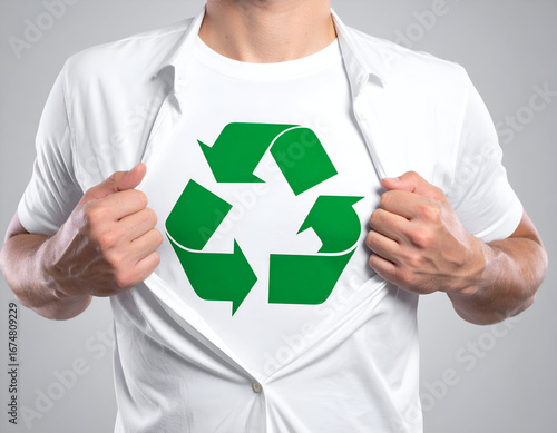 Wallpaper Mural Man pulling open his shirt to reveal a green recycling symbol on his white t-shirt, symbolizing environmental responsibility and commitment to sustainability. Torontodigital.ca