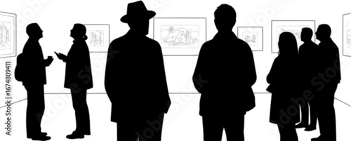 people admiring art in a gallery silhouette vector illustration
