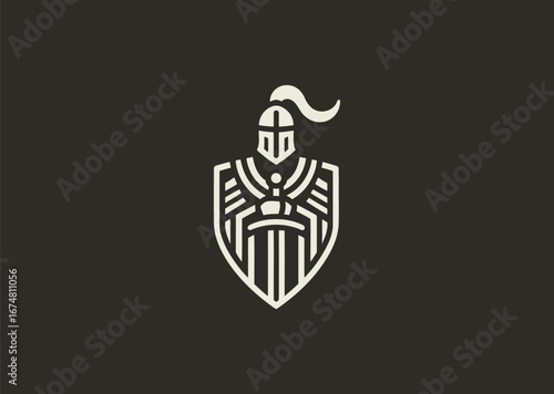 A simple minimalist medieval knight line style logo, representing honor, courage, and timeless chivalry