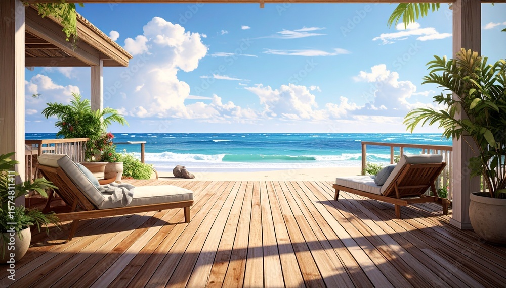 Obraz premium A stunning beachfront deck with teak wood flooring, offering panoramic ocean views, sun loungers, and lush greenery, creating a perfect tropical paradise for relaxation and outdoor enjoyment.