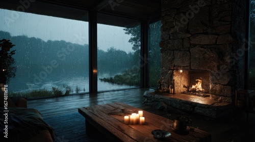 Cozy cabin rain, lake view, fireplace, relaxation