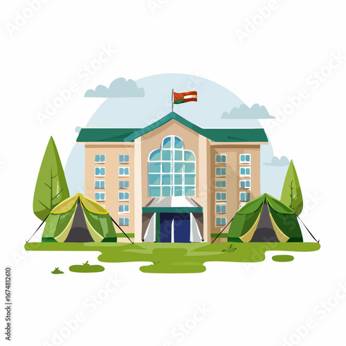 Military Headquarters Building with Outdoor Camp Tents - AI Generated