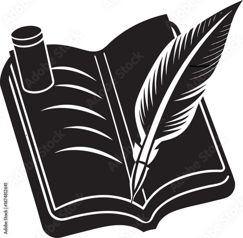 Open Book With Quill Pen and Inkwell Silhouette writing