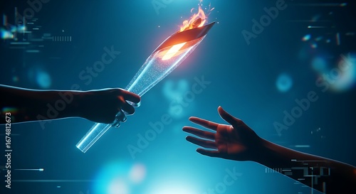 Legacy and succession concept. A hand passes a glowing holographic torch to another hand, symbolizing the transfer of knowledge and leadership.