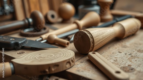 Wallpaper Mural Woodturning tools and handmade wooden pieces on workbench
 Torontodigital.ca