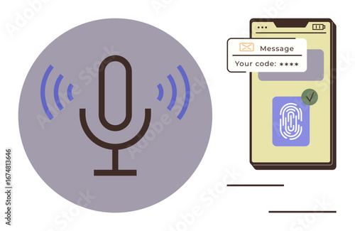 Microphone visualizing voice input, smartphone with security features thumbs up fingerprint recognition and code verification. Ideal for security, technology, user access, biometric authentication
