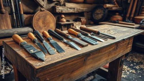 Wallpaper Mural Woodworking tools arranged on rustic workbench in workshop  
 Torontodigital.ca
