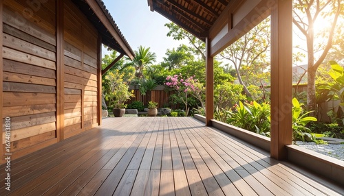 A peaceful wooden porch with smooth teak wood flooring and rustic walls, overlooking a lush tropical garden bathed in warm sunset light, creating a tranquil, natural outdoor retreat.