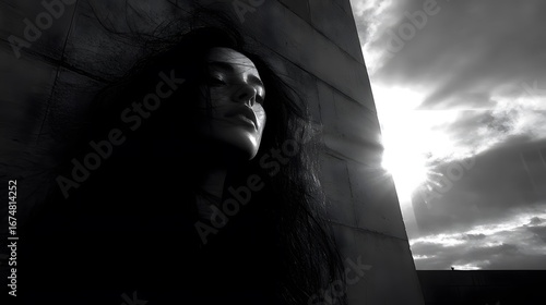 Dramatic Black and White Portrait Woman Wall Sun