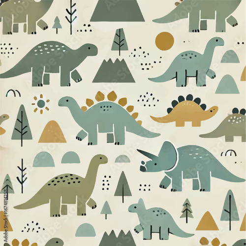 Dinosaur Prehistoric Volcano Dino Cute Happy Pattern Kids Children Print Design Vector