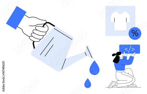 Hand pouring water from watering can, kneeling coder working on tablet with code, shirt icon with discount percentage. Ideal for development, growth, e-commerce, productivity, creativity, innovation