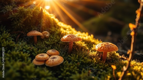 Wallpaper Mural Orange mushrooms on moss lit by golden sunlight
 Torontodigital.ca