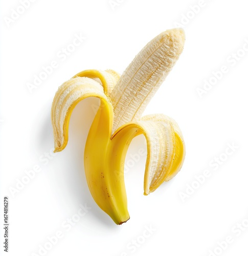Pealed banana on white shows the fruit and textured peel