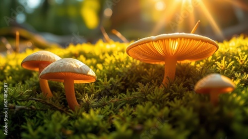 Wallpaper Mural Orange mushrooms on moss lit by golden sunlight
 Torontodigital.ca