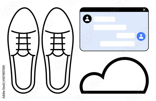 Shoes outline, cloud shape, and online chat interface symbolizing connection, mobility, cloud technology, and digital communication. Ideal for tech, travel, business e-commerce and social blog