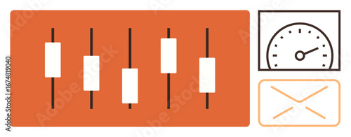 Candlestick chart representing financial trends, speed gauge symbolizing performance metrics, and email envelope for communication. Ideal for finance, performance, communication, analytics, trading