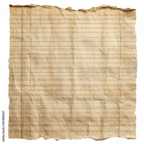 A vintage aged sheet of ruled paper with torn edges isolated on transparent background