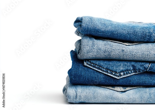 Stack of folded blue jeans against white background