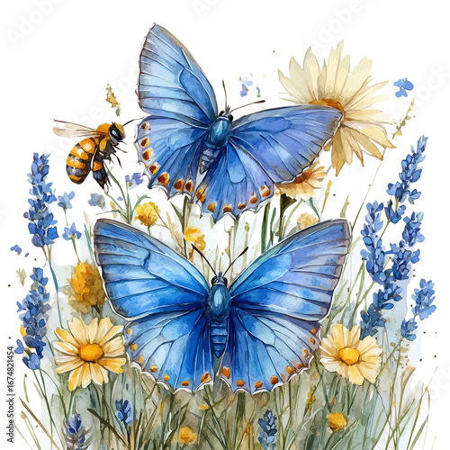 Spring Butterflies And Bees, watercolor painting vector, isolated on a white background.