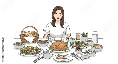 A young woman enjoying a diverse and abundant meal, featuring healthy dishes and a delightful dining experience at a well-set table