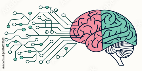 Conceptual illustration of artificial intelligence connecting with the human brain and neural network