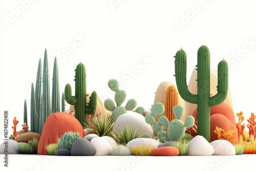 Desert landscape with colorful cacti and rocks