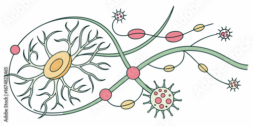 Anatomical Illustration of Neural Connections and Cellular Communication Pathways