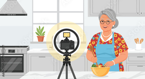 Smiling senior lady creating content for her cooking show, preparing a fresh salad in front of a camera
