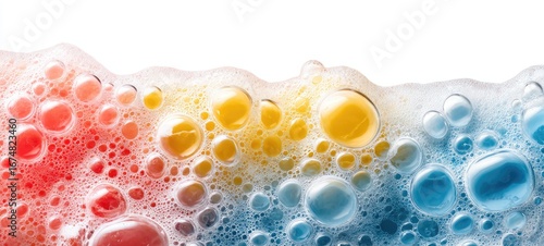 Colorful soap suds with various sized bubbles, showcasing vibrant hues of red, yellow, and blue